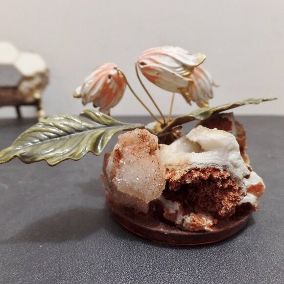 Hand Crafted And Enameled Flowers In Natural Golden Coral Rock Formation - Picture 2 of 10